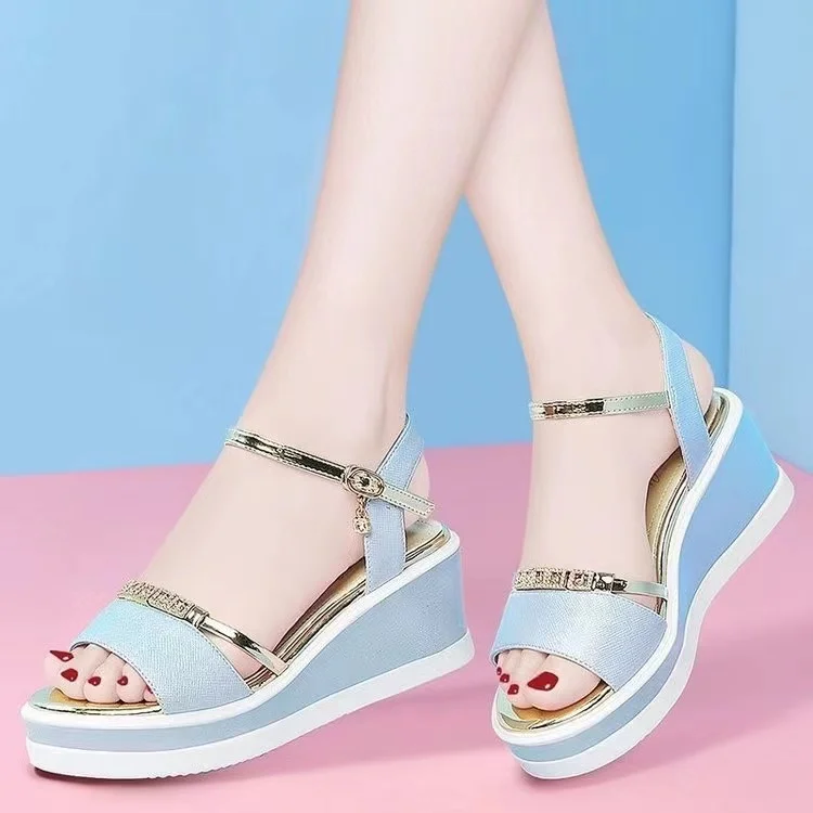 custom Casual Girls Sandals Solid Color Fish Mouth Open Toe Wedge Heel Sequins Ankle Belt Buckle Women Sandals