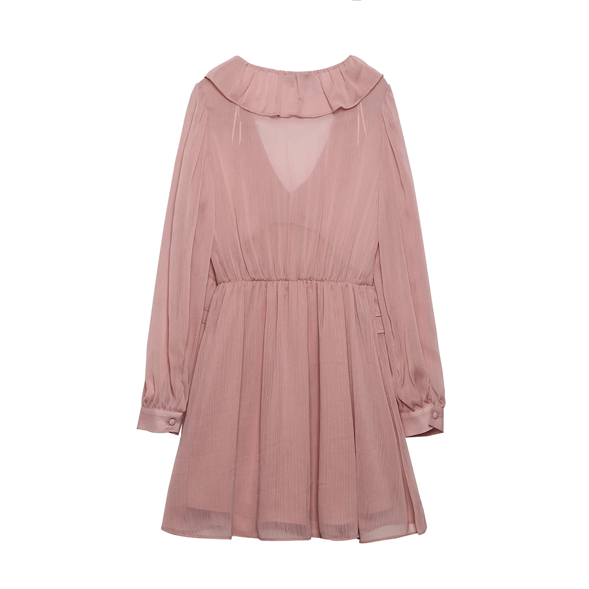 V neck solid color long sleeve front ruffle casual fashion mini dress for women