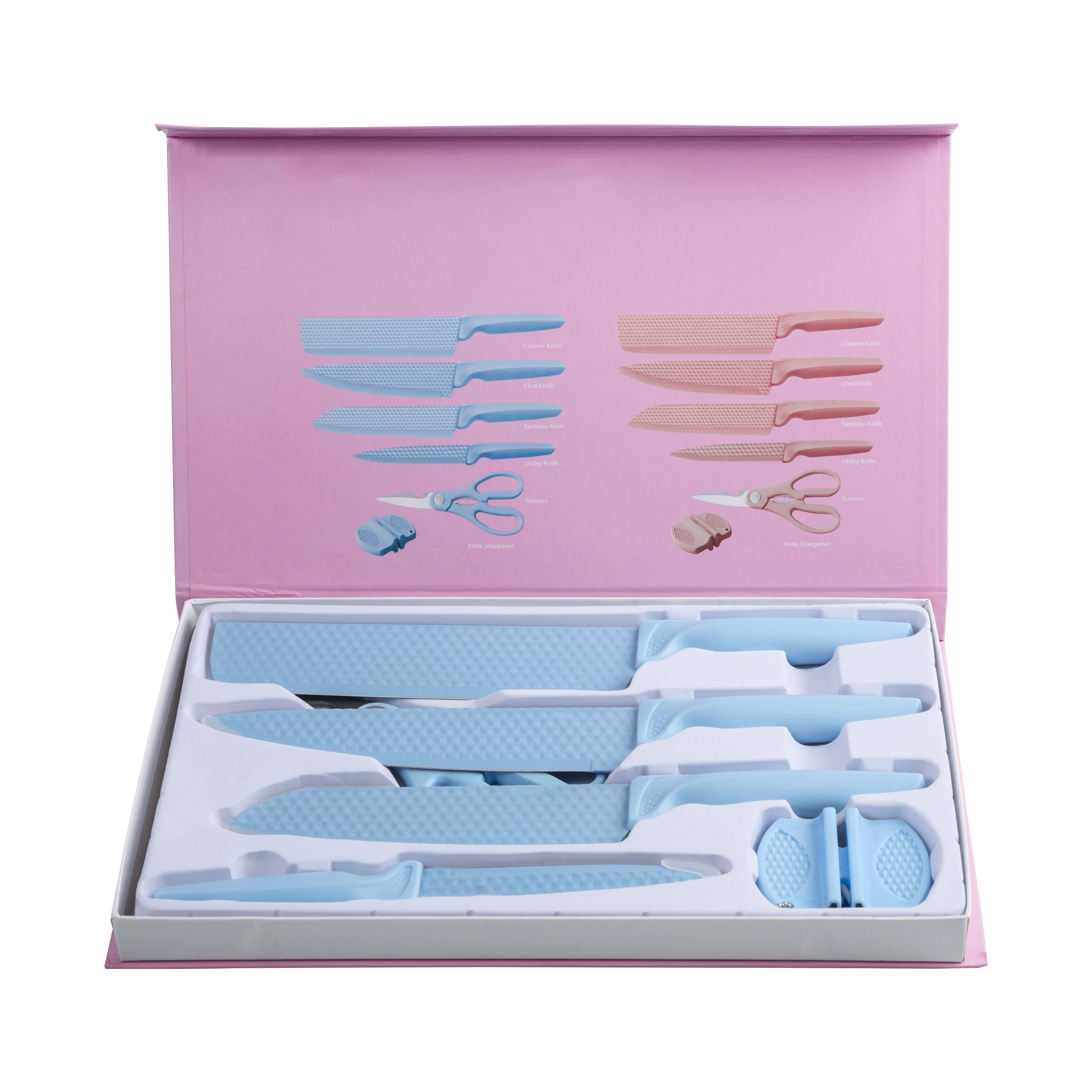 Factory Supply Macarons Blue Non-Stick Coating 6-Piece Set of Colorful Stainless Steel Kitchen Knives with Gift Box for Cutting