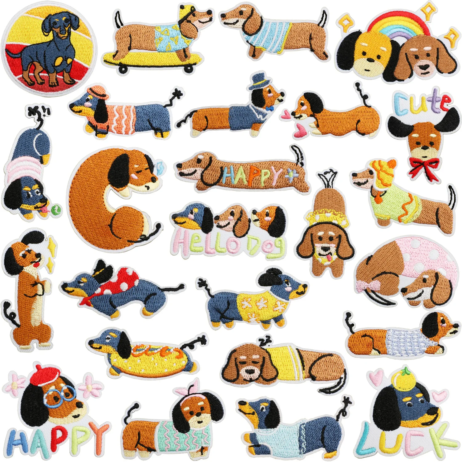 Low MOQ Adorable Cartoon Dog Embroidered Lucky Dachshund Iron-On DIY Patches