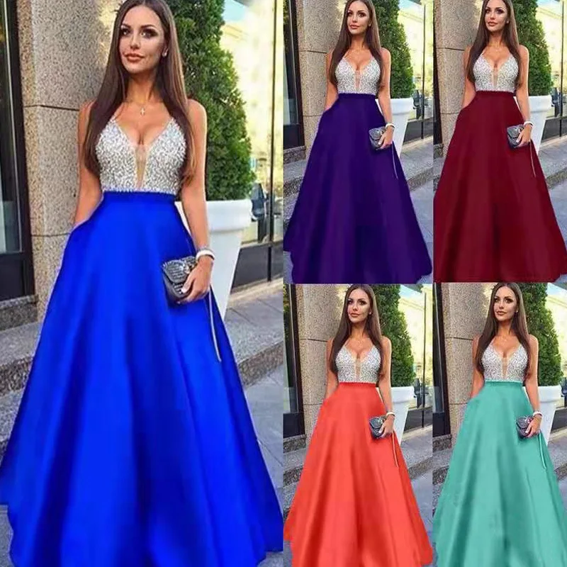 Blue chiffon bridesmaid porm dresses long Satin A-Line wedding Party dress bridesmaid dresses woman