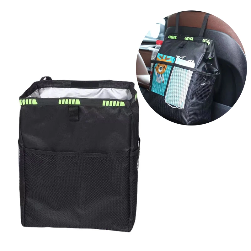 Leakproof Car Back Seat Backseat Hanging Organizer Trash Can with 4 Storage Pockets Portable Folding Car Trash Can Bin Organizer