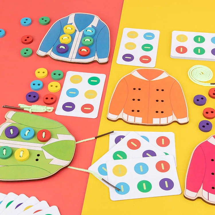 Factory Hot Sell Wooden Chidren Educational Toys Kit Lacing Game Learning DIY Craft Sew Button Toy Preschool Cognative Toy for