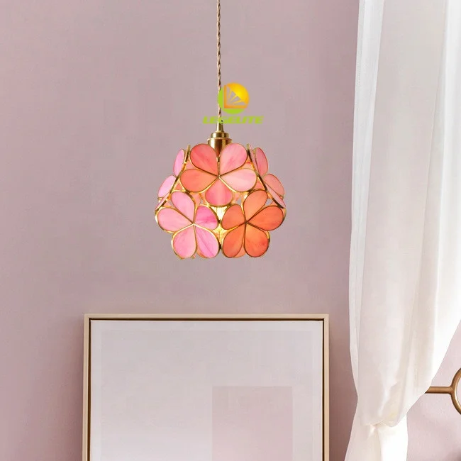 Pink Blue Japanese Luxury Brass Copper Glass Round Ball Blooming Flower Petals Ceiling Pendant Lamp Brass Chandelier Light