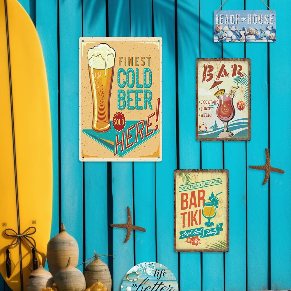 Putuo Decor High Quality Tiki Bar Tin Sign Cocktails Beer Metal Plaque Sign Bar Pub Wall Decor Retro Tin Sign