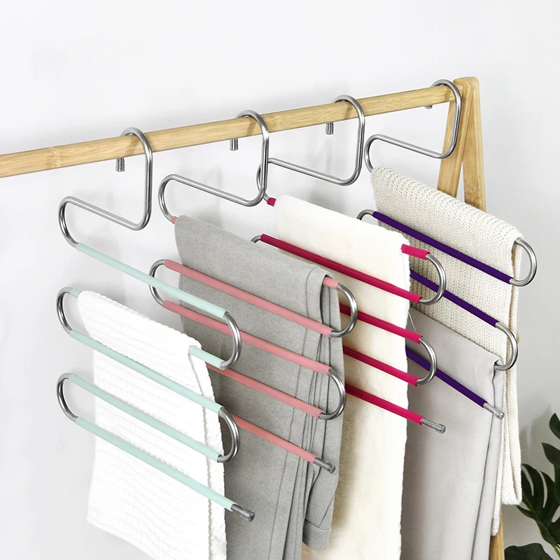 S-Type Clothes Pants Stainless Steel Hangers Silicone Non-Slip Closet Organizer for Hanging Pants Jeans Metal Pants Hanger