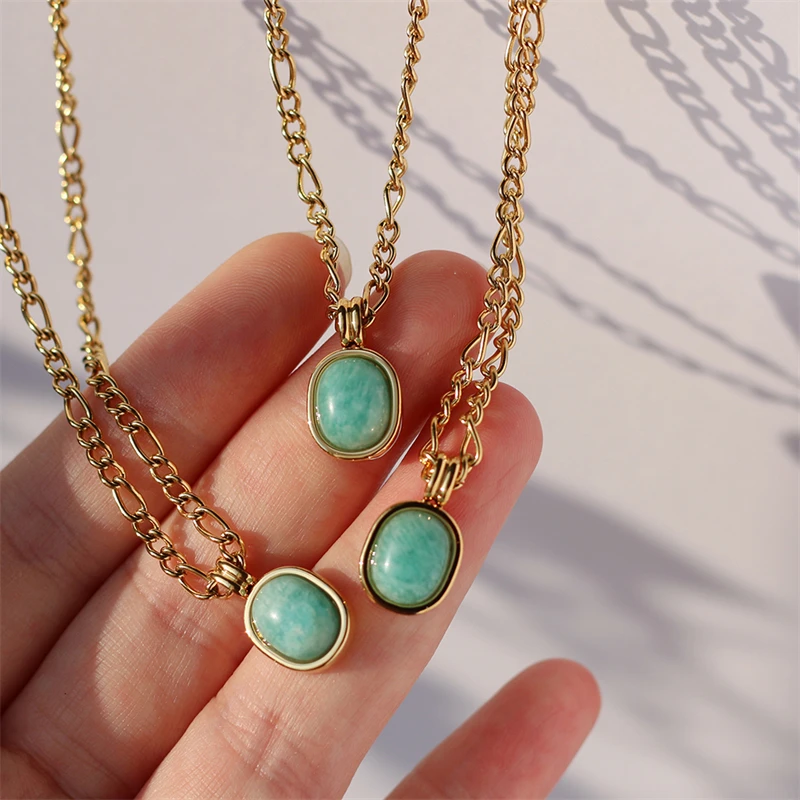 Unique Roman Holiday Mint Green Oval Jewelry Tianhe Stone Stainless Steel 18k Gold Plated Ellipse Pendant Necklace Baby Jewelry