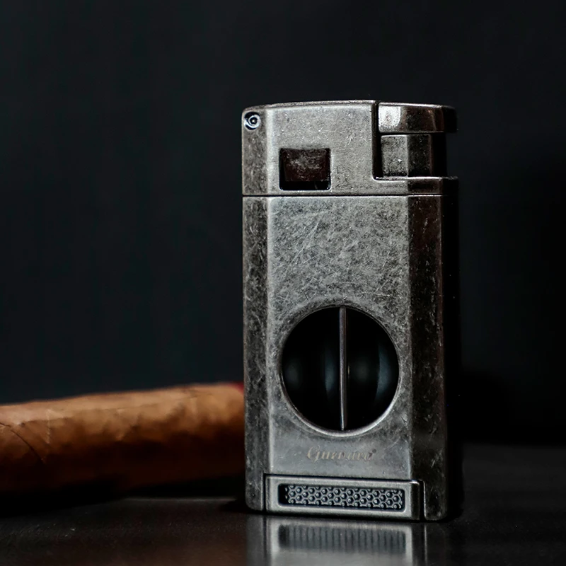 New Classic Refillable Butane 2 in 1 Windproof Lighter with Sharp Cigar V Cutter