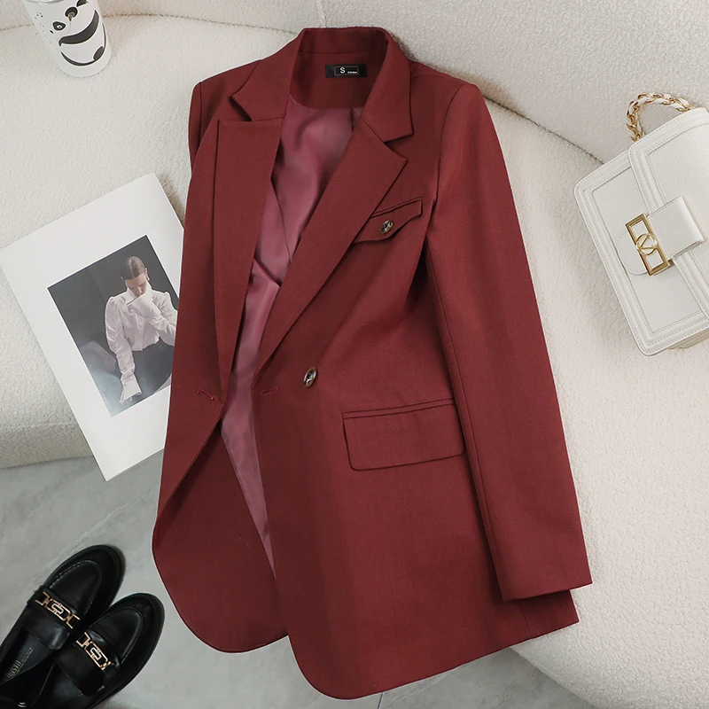 2024 New Little Man Burgundy Casual Suit Jacket Women High Sensitivity Korean Slim Double Breasted Button Long Spring Autumn