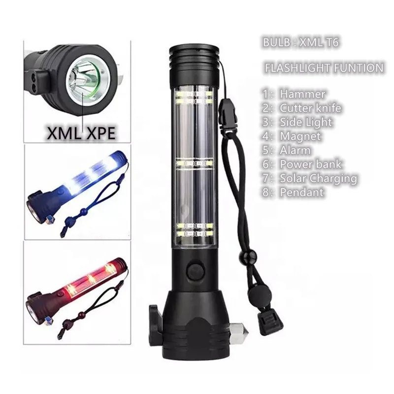 8 in 1 Solar Powered Led Flashlight With Alarm Buzzer Portable Handheld Outdoor Rechargeable Solar Led Flashlights & Torches