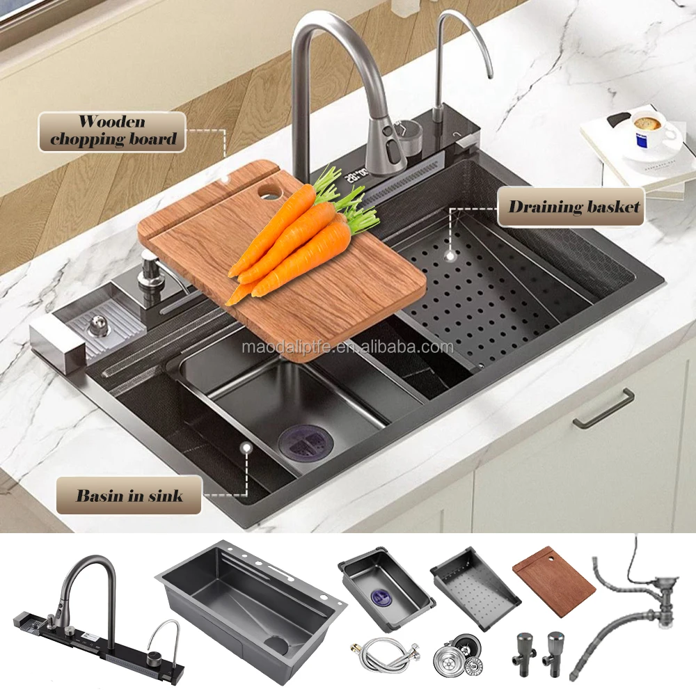 New Design Piano Switch Multifunction Stainless Steel Smart Waterfall Kitchen Sink Black Smart Sink Kitchen