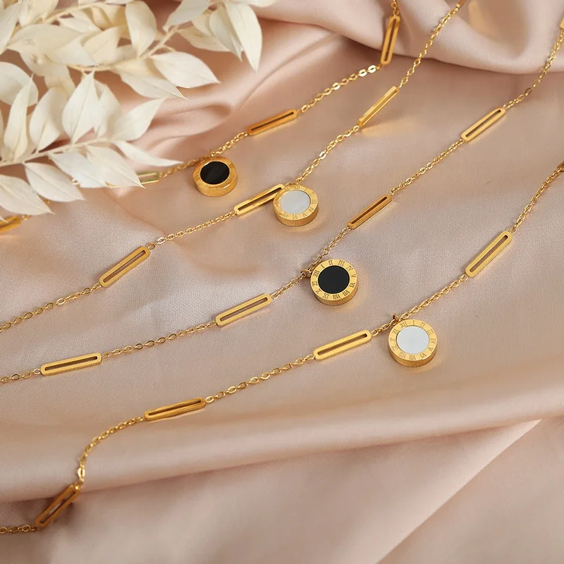 18K Gold Plated Stainless Steel Jewelry Gemstone Jewellery Tiger Eye Black Agate Rose Quartz Natural Gem Stone Pendant Necklace