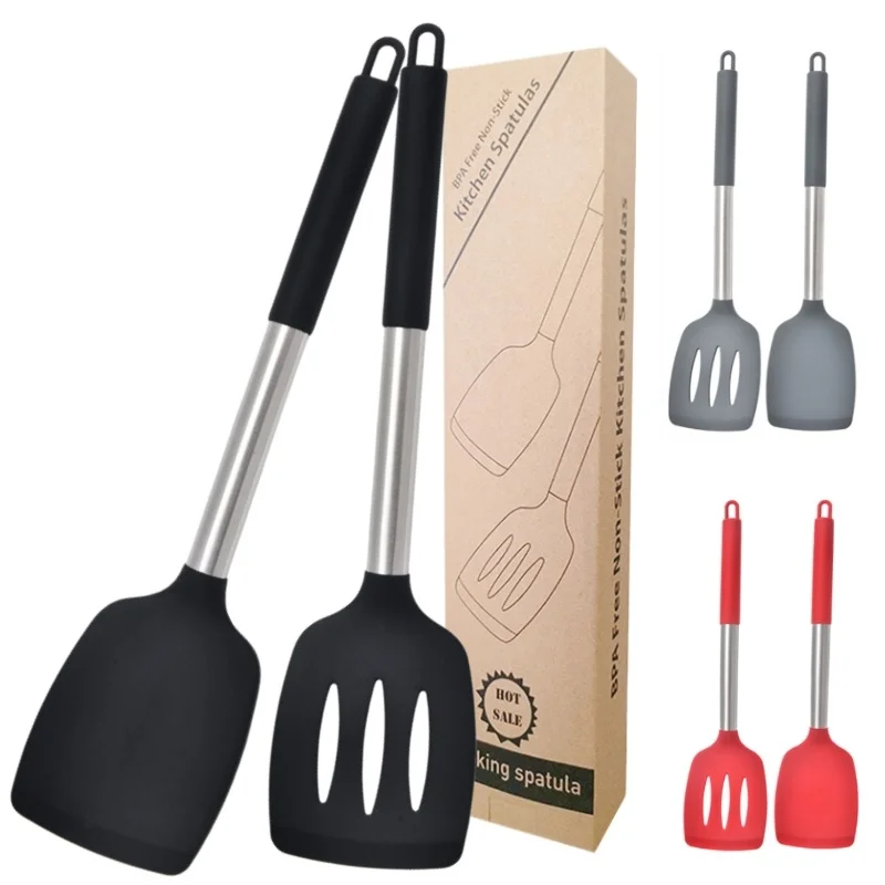 High Heat Resistant Pack of 2 Solid Silicone wholesale Kitchen Utensils Tools with Slotted Spatula and Turner for Cooking