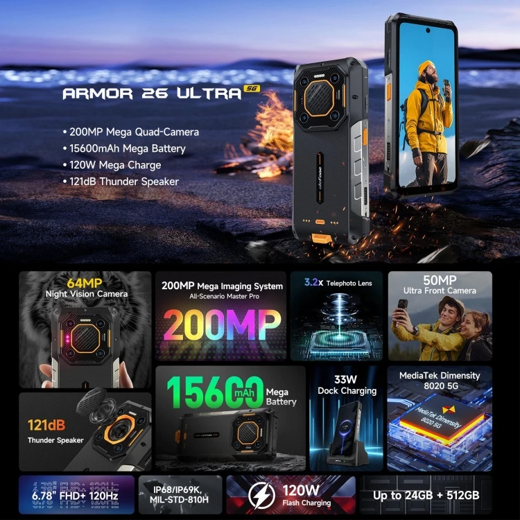 Original brand new Ulefone Armor 26 Ultra 5G smartphone dual SIM card 200MP 12GB+512GB 15600mAh 5G mobile phones