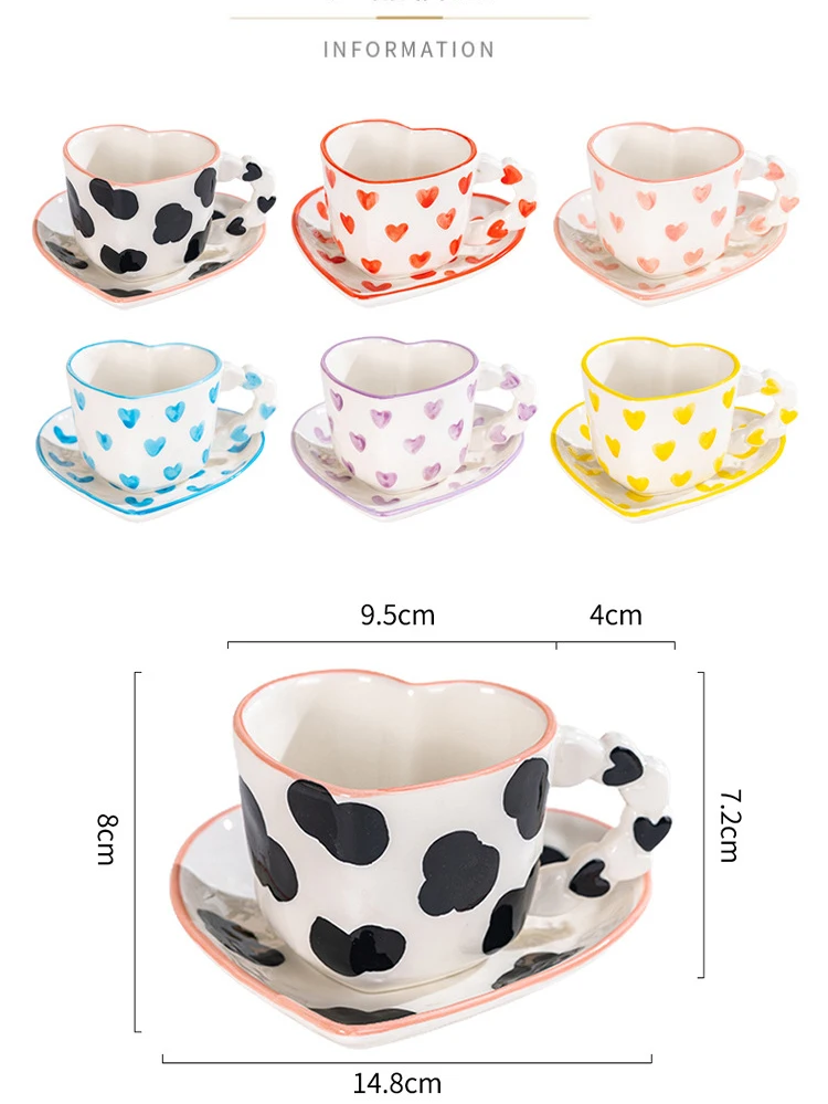 Creative Cute Girl Water Cup Fresh Hand Painted Pink Love Coffee Cups And Dish Underglaze Peach Heart Ceramic Mug And Dish Set