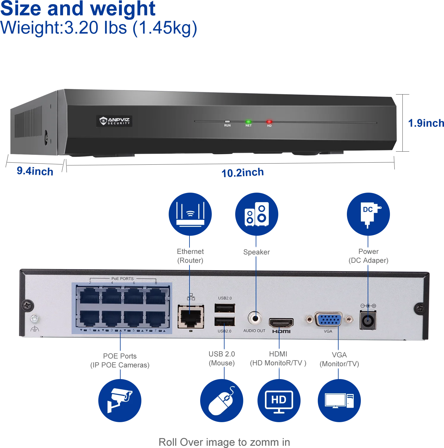 ANPVIZ 4K 8CH POE NVR H.265 Multi-language Smart function Up to 1SATA MAX 10TB HD 4K Playback Network Video Recorder