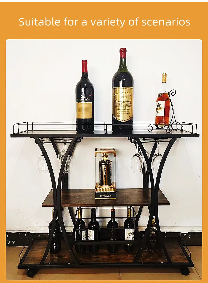 Living room  the bar  Removable 3 layer wooden metal cart metal wine rack wine glass rack