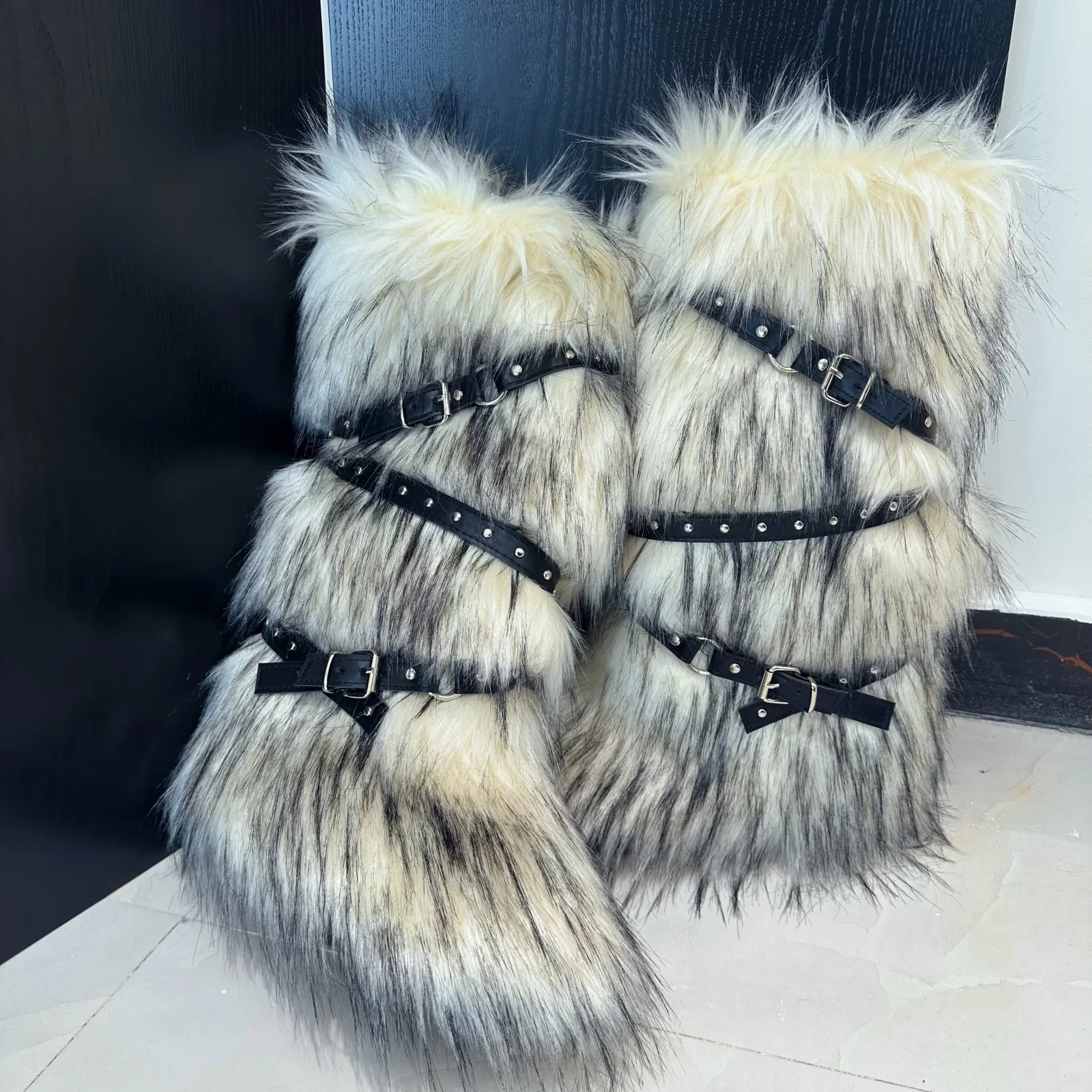 Y2K Fashion Hot Girl Star Sexy High Top Snow Boots New Design Cross Belt Buckle Fur Long Boots