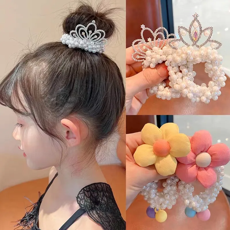 Korean New Tiara Rope Kids Princess Crown Pearl Hair Tie For Girls Simple Cute Elastic Hair Ring Hair Bands Children