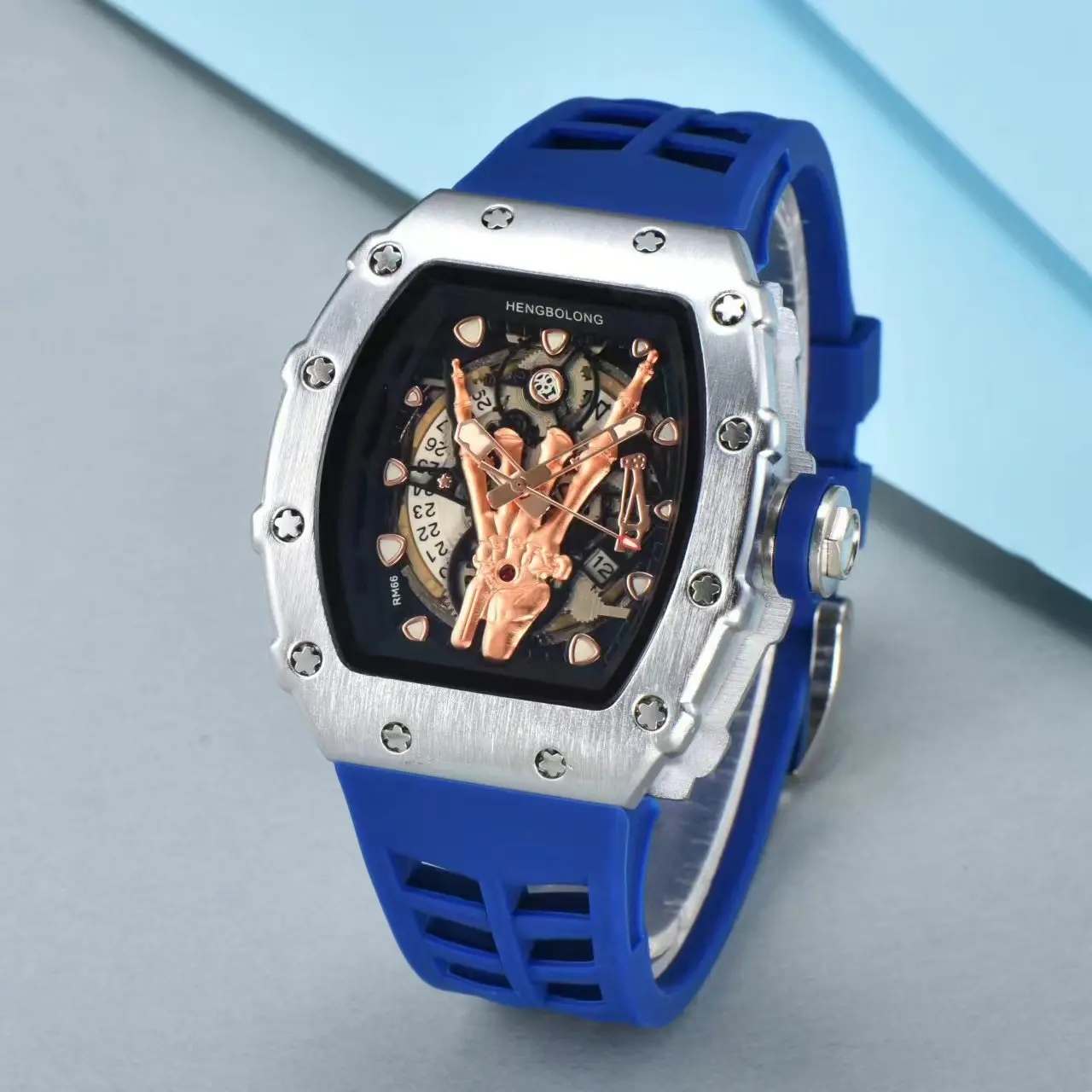 Ghost Hand Wine Barrel Quartz Watch for Men Tonneau Dial Orange Silicone Strap Silver Sport Wristwatch