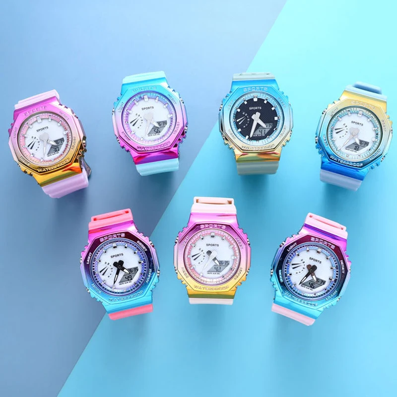 student hot trendy fashion colorful kids teen led luminous alarm shock resistant 50m waterproof sport watches