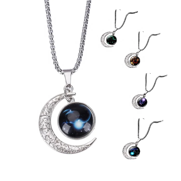MOYAMIYA Pendant Necklace Crescent Moon 12 Constellation Zodiac Stainless Steel necklaces  Friendship Birthday Gift kids jewelry