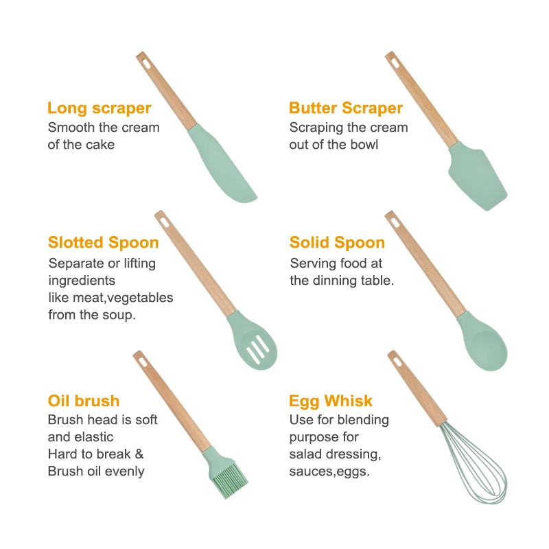 Korean Hotel Modern Unique Cheap ECO Friendly Private Label Bulk Silicone Kitchen Utensils Cooking Ware Set Beech Wood Handle