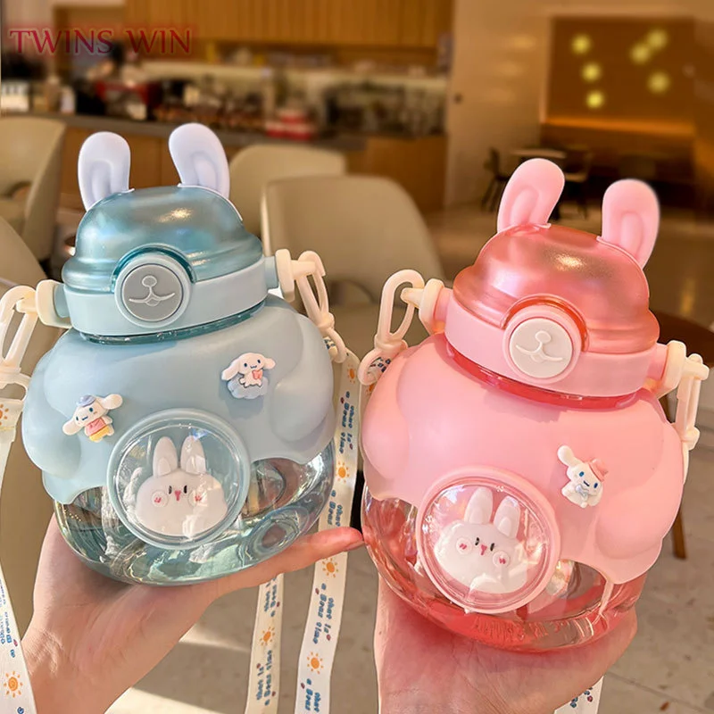 Wholesale large capacity cartoon water cups girls and students water bottles with straw plastic cute animal water bottle 004A