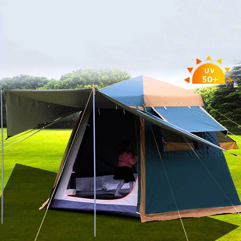 Outdoor automatic speed open tent 5-8 people against rainstorm aluminum pole camping home 3-4 people sunscreen silver tent