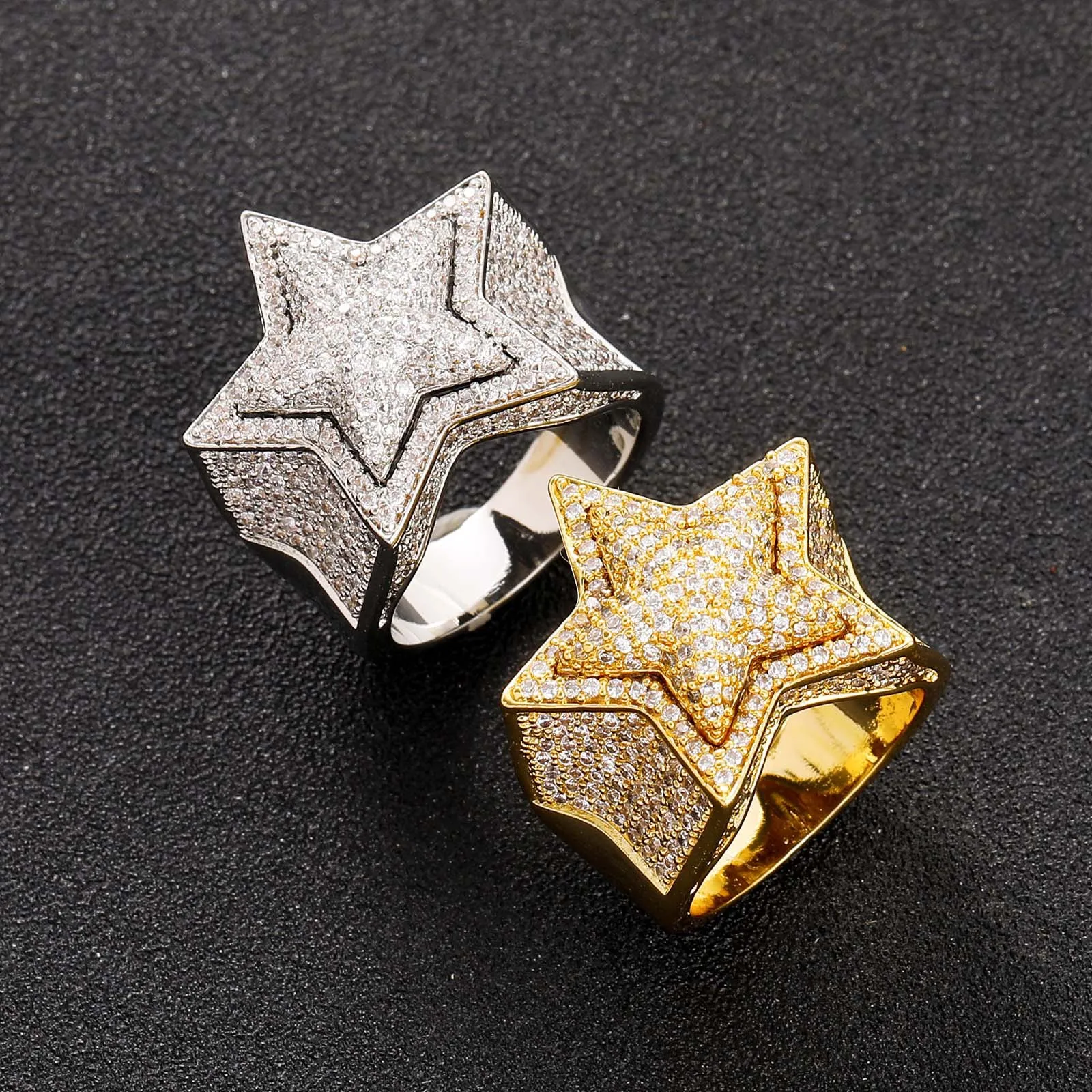 Hip Hop Fashion Luxury Jewelry High Quality Full Pave AAAAA CZ Stone Five Pointed 3D Star Punky Rappers Rings For Men