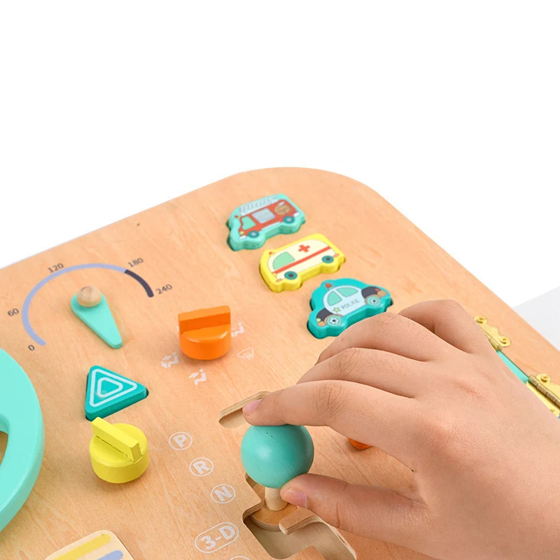 Early education simulation small driver simulation steering wheel baby car driving toys children wooden busy board toys