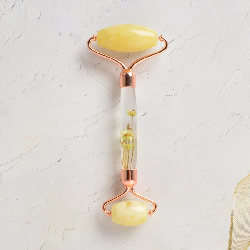 
Jade yellow jade roller infused flower gua sha face jade natural with box 