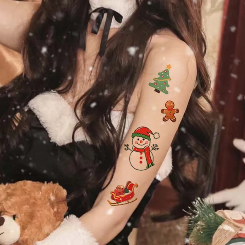 WD 8 Sheet/Bag Semi-Permanent Disposable Colorful Christmas Elements Party Realistic waterproof Temporary Tattoo Stencil Sticker