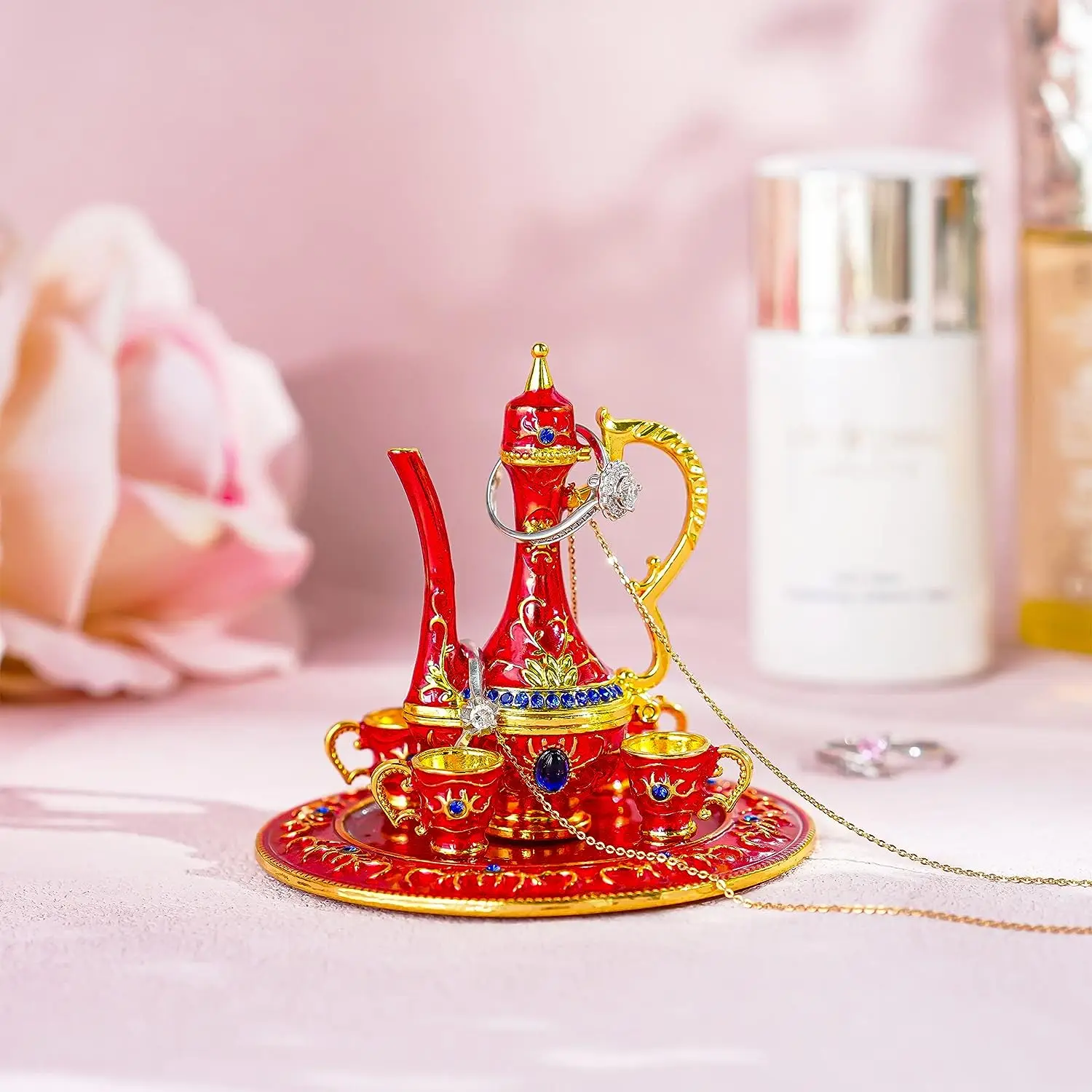 Teapot Jewelry Trinket Box Hinged Hand Painted Enamel Ring Holder for Home Decor Gift,3inch Europe Red Folk Art Modern Gua Tin