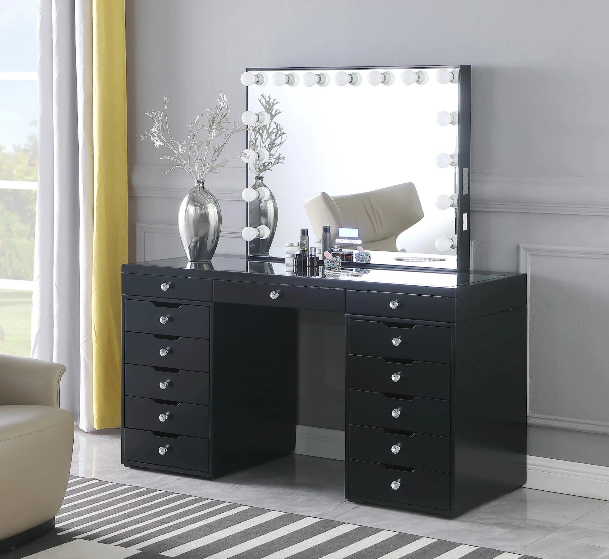 Bed Room Hollywood Mirror Modern Glam White Painting Dresser Vanity Dressing Table