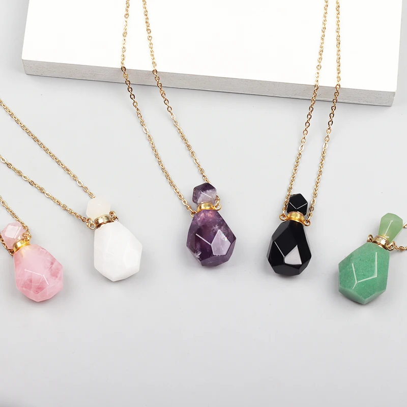 Natural Crystal Diffuser Jewelry Polished Religious Style Perfume Bottle Pendant with Healing Gem