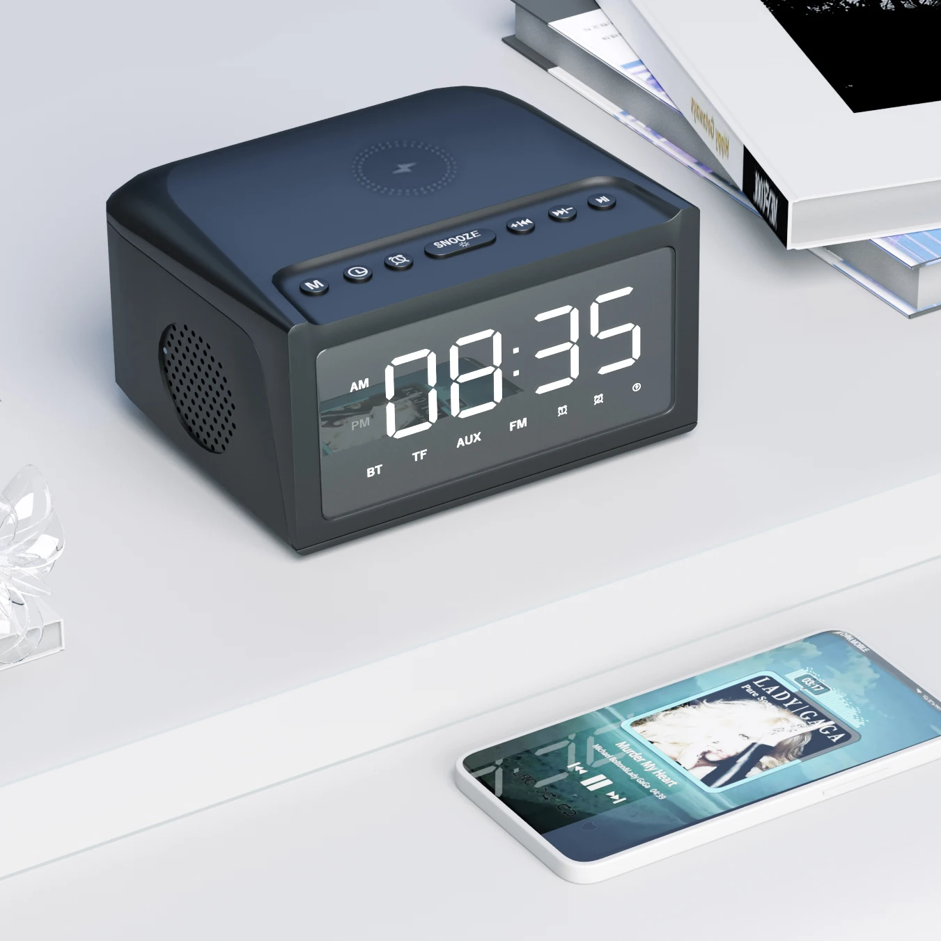 New multi-functional wireless charger three in one clock speaker LED large display screen FM radio music playback speaker