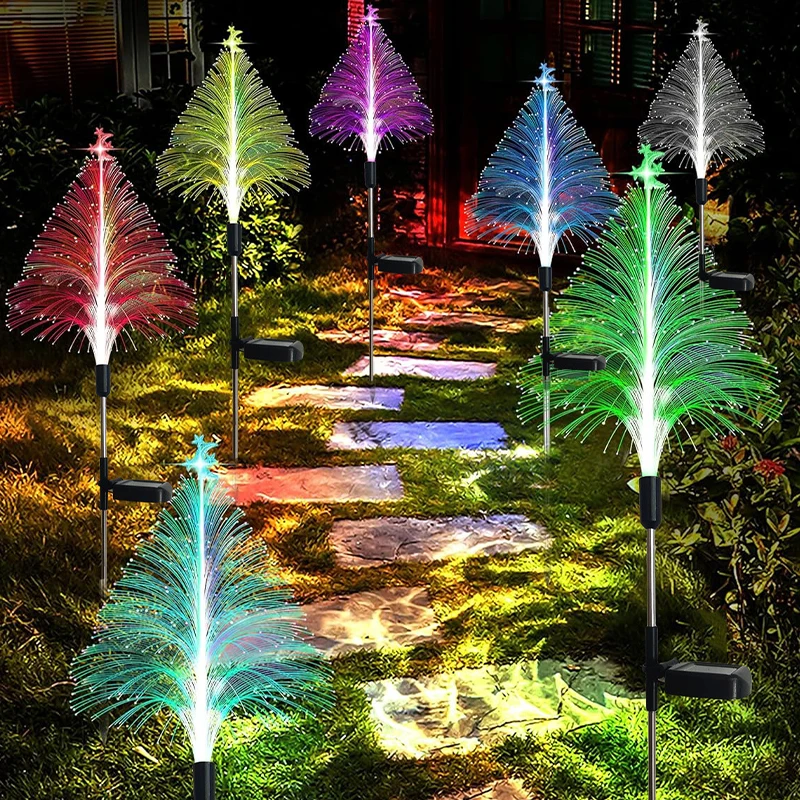 Solar Power Christmas Tree Garden Stake Lights Outdoor Waterproof Yard Pathway Outside Decorative Fiber Optic Jellyfish Lights