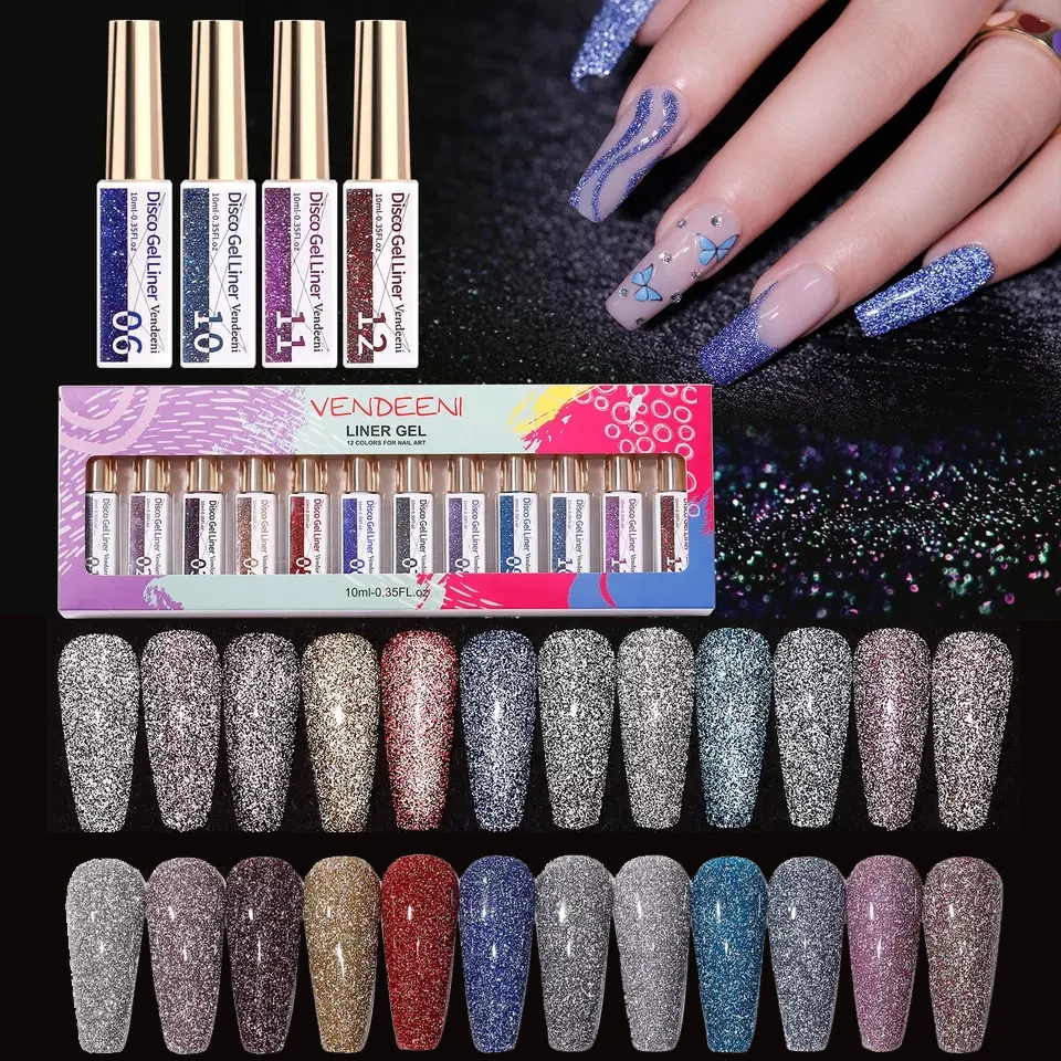 Новый дизайн гель лак для ногтей 12 видов цветов светоотражающий лайнер комплект диско и со стразами вечеринок Гель-лак расходные материалы