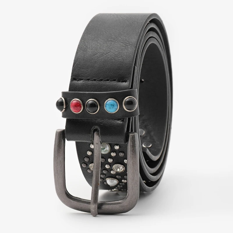 New Arrival Ladies Western Style Wide Jeans Belt Cow Hide Studded Designer Belt with Cool Alloy Buckle Hot Selling for Women