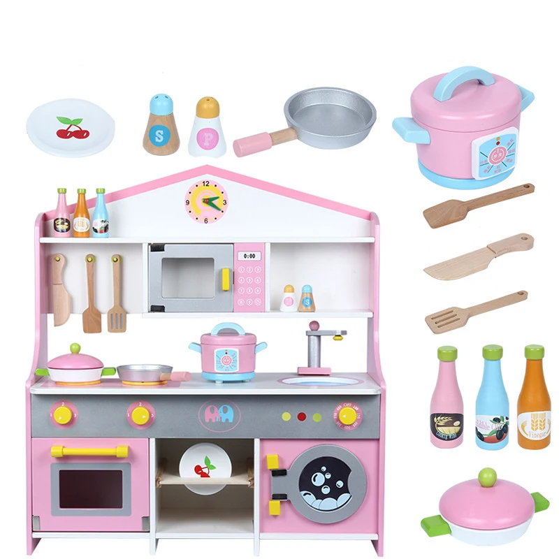 2021 Amazon hot toy wooden kitchen big pink cooking kitchen set toys for kids pretend play wooden toys kitchen