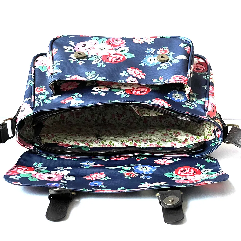 Fashion Waterproof Vintage Shoulder Bag Dark Blue Floral Oilcloth Satchel Girls Messenger Bag