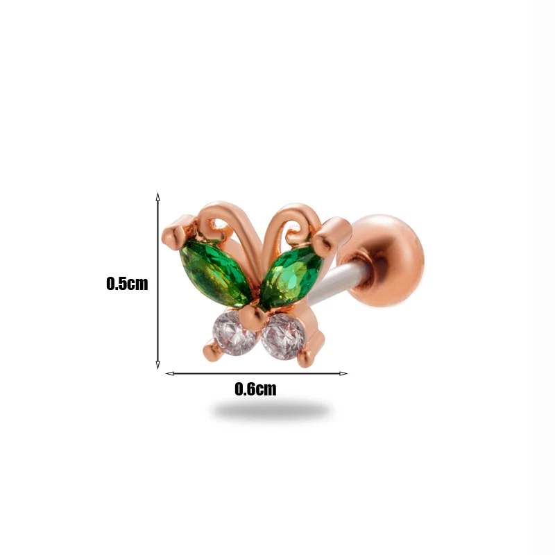 custom helix piercing women jewelry stainless steel screw back green zircon butterfly ear tragus lobe cartilage stud earrings