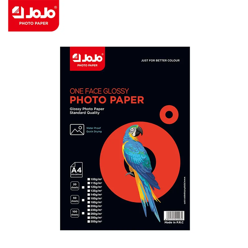 JOJO photo paper  A4 180g 200g 230g 260g 300g high glossy inkjet printing one face waterproof label for Inkjet Printer