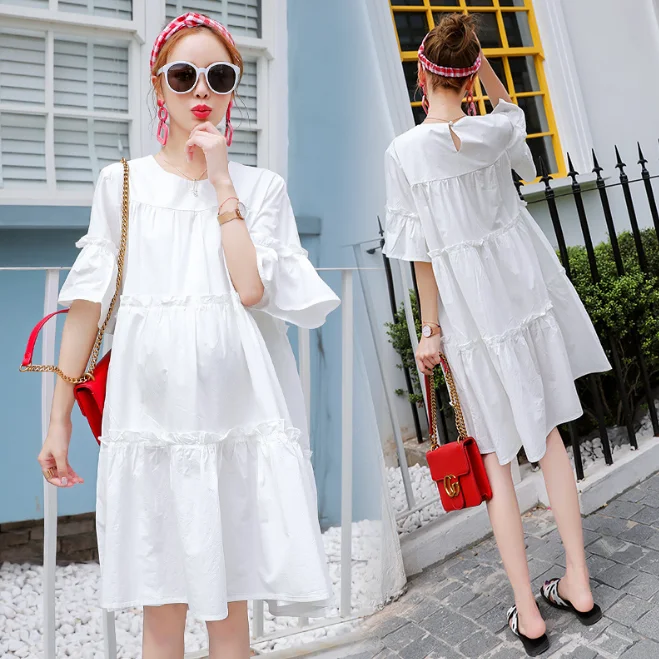 Bulk Wholesale Clothing Flounce Button Chiffon Cold Shoulder Plus Size Women Dresses For Pregnant Mother Dress