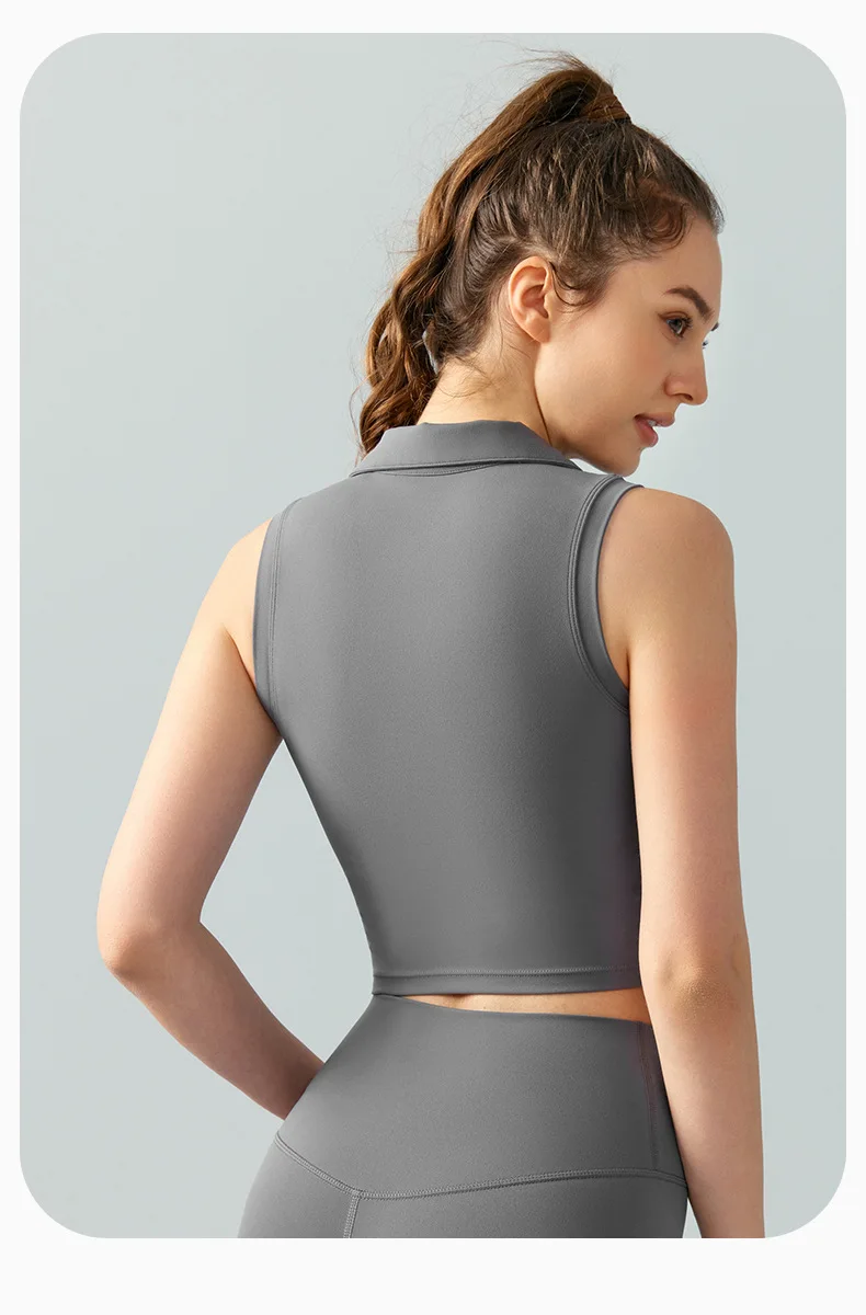 Wholesale Breathable Fitness Running Crop Tops Lapel Sleeveless Fixed Pad Vest Slim Thin Sports Top Yoga Tank Top For Women