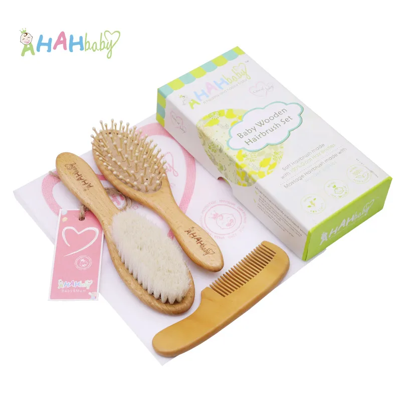 wholesale wooden goat hair brush and comb set for newborns grooming children brush eco-friendly massage brush custom logo