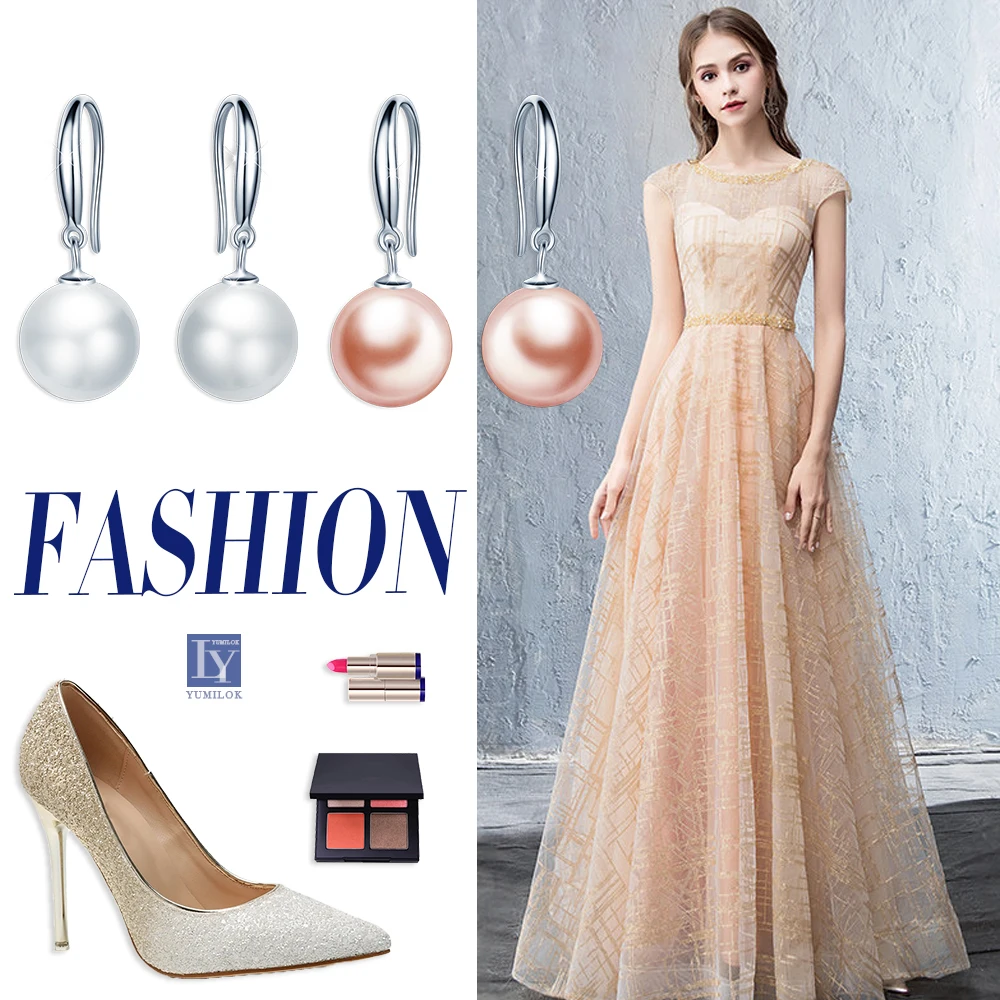 Pink White fine 10mm freshwater pearl Round shellfish Hanging 925 sterling Silver Women Hoop earrings