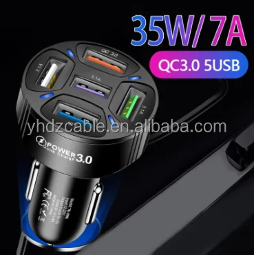 5USB Multi-Port Charger 3A QC3.0 Smartphone Car Fast Charger Vehicle Cigarette Lighter LED Display Android Universal Adapter