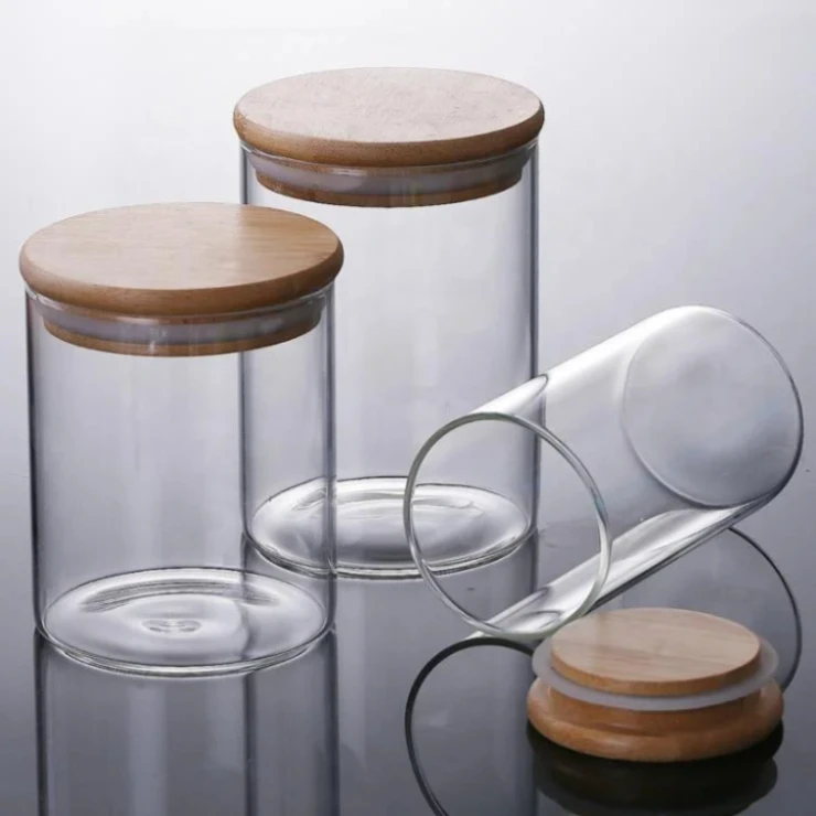 Glass Storage Jars with Bamboo Lid Cylinder Cereal Container kitchen tank glass jar